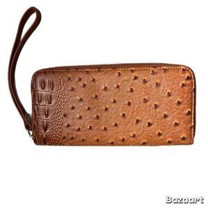 Used Faux Leather Ostrich Wallet Clutch Tan/Brown Zip-Around Wristlet